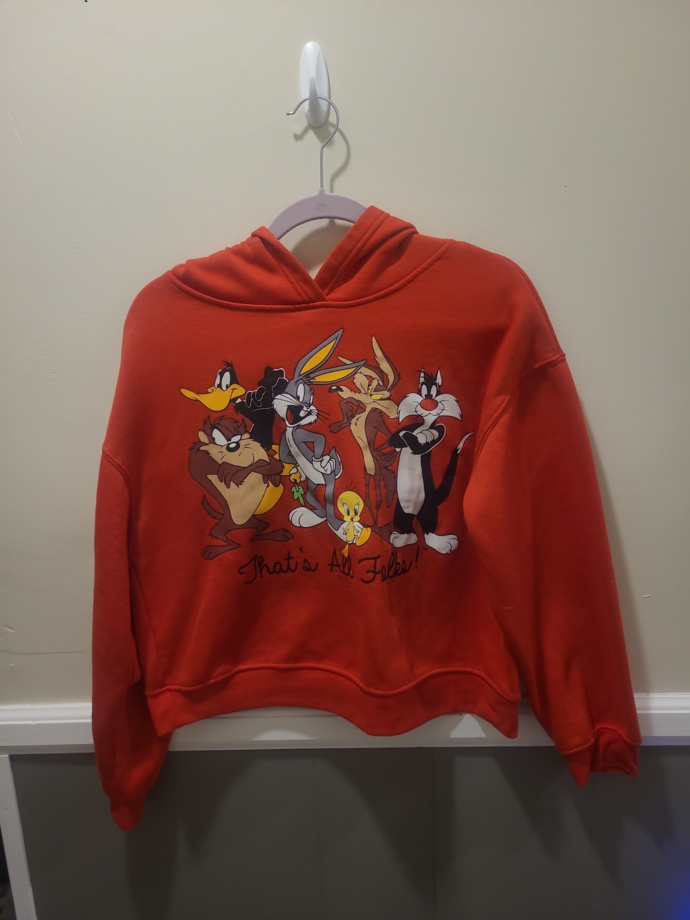 Looney Tunes Womens Crop Hoodie Med Red Long Sleeve Buggs Taz Tweety Daffy